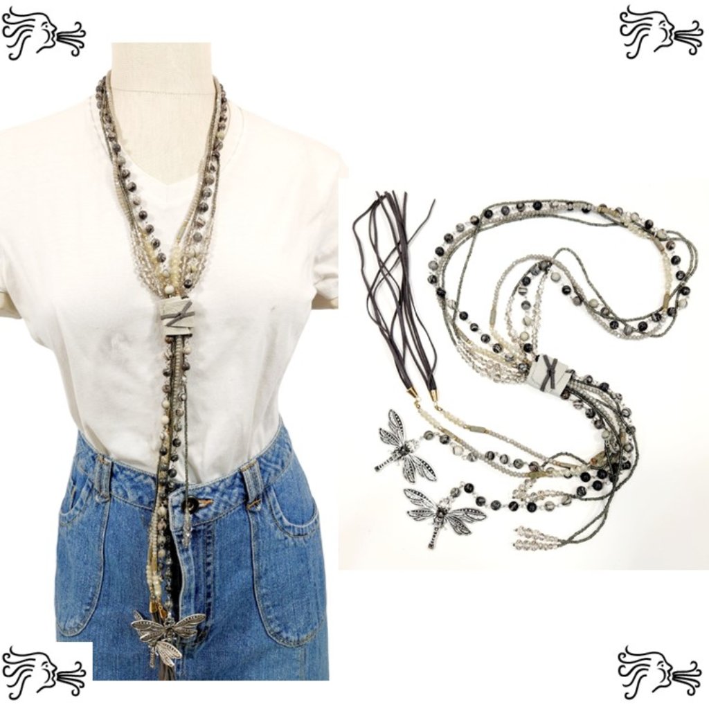 Gray Crystal Leather Wrap Zebra Jasper Stone Long Necklace Boho Chain Dragonfly 75$